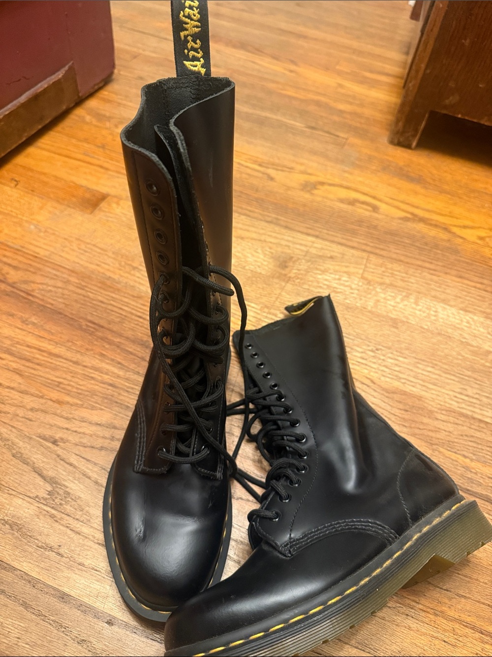 Dr. Martens Black 14-Eye Leather Combat Boots with Yellow Stitching